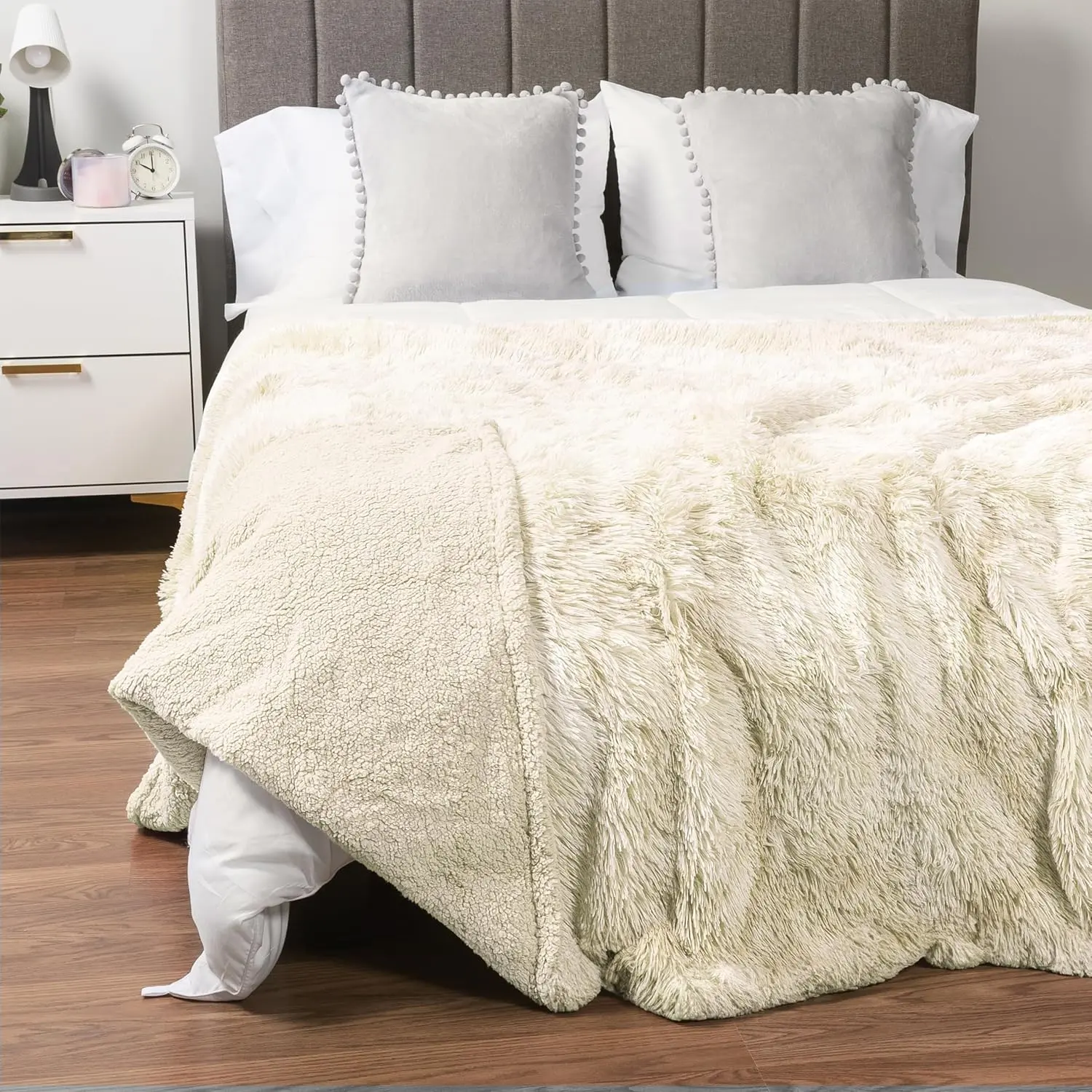 Cream Beige Fluffy Fuzzy Blanket,  Size, Super Soft Thick Faux FurSherpa, 90x108