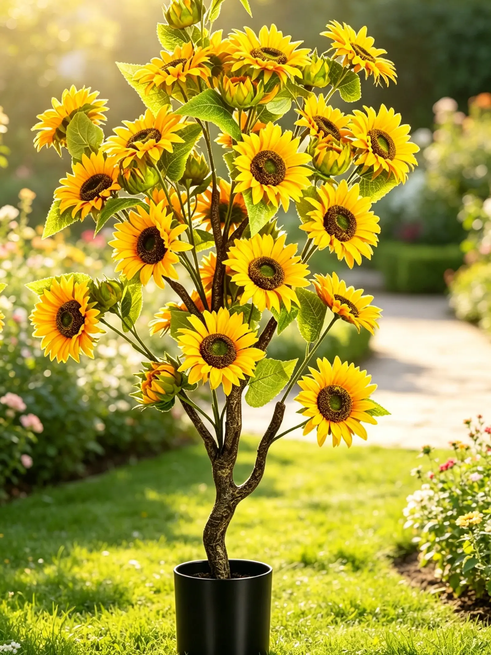 Outdoor artificial sunflower-4FT fake sunflower flower tree, 38 large flowers, anti-ultraviolet silk flower, used for autumn decoration of family weddings, garden party center decorations, 47.2 inches.