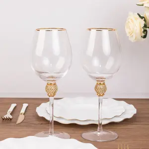 Set of 6 Clear Wine Goblet Glasses 16oz Gold Rimmed Design with Rhinestone Studded Stem 10" - Handblown Vintage Crystal Glassware