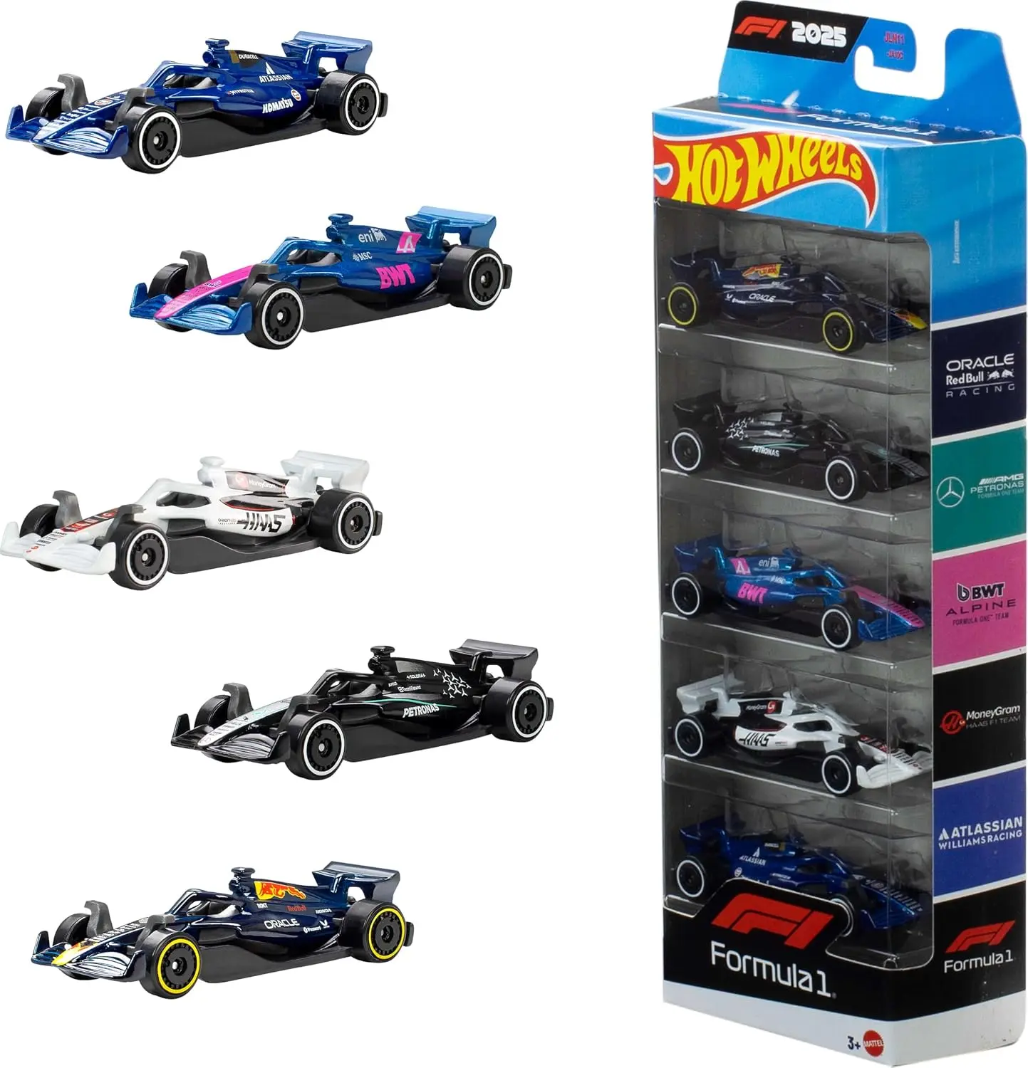Hot Wheels 1:64 Scale 5-Pack Formula 1 Die-Cast Cars, Set of 5 Officially Licensed, F1 Race Cars for Play or Display
