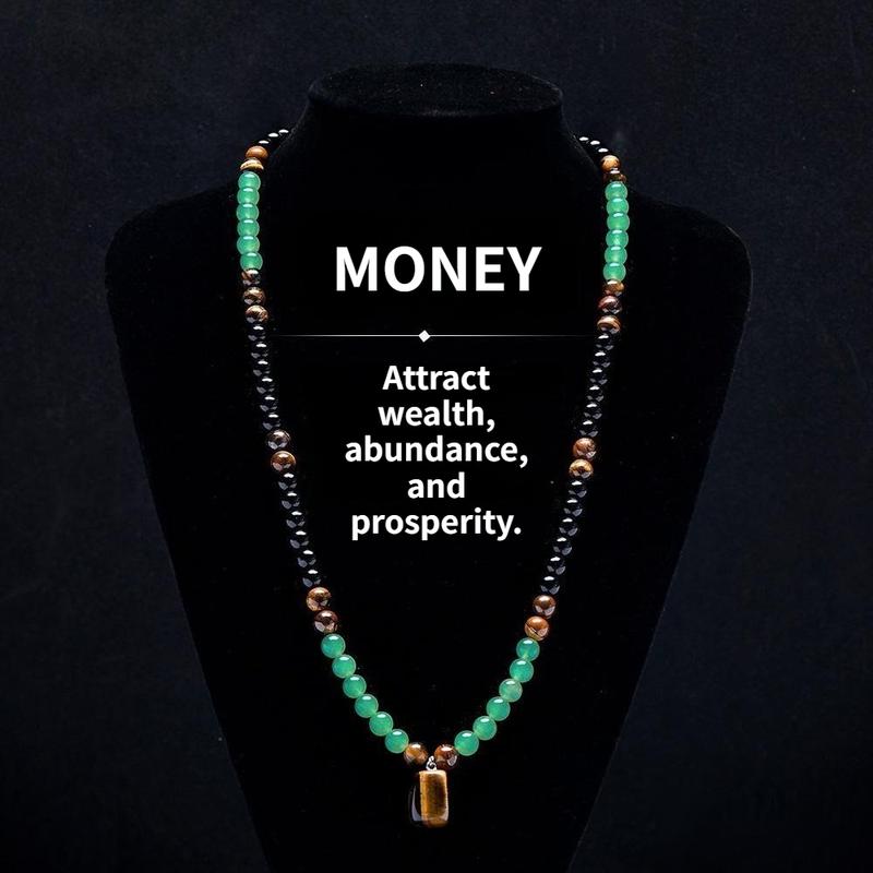 Unisex 1-Piece Healing Crystal Pendant Necklace - Green Aventurine-Tiger's Eye Beaded Charm, 69cm/27.1in Metal-Coated Chain for Prosperity, Casual Wear, Abundance, Anniversary (Choking Hazard: Small Ball Included) - Tiger's Eye Detail to Attract Wealth
