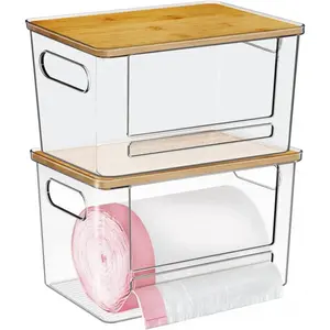 Trash Bag Dispenser 2 Pack, Acrylic Garbage Bags Dispenser with Bamboo Top, Trash Bag Holder Dispensers Under Sink for Kitchen, Cabinet, Laundry Room, Pantry Organizer and Storage