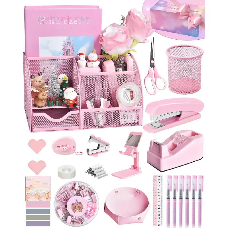 24 Pieces All-in-One Pink Desk Organizer Stationery Set, Premium Pink Office Supplies Bundle Including Tape Dispenser, Stapler, Staple Remover and More, Exquisite Gift Box Packaging, Aesthetic Desktop Decor Perfect Gift for Ladies, Students, Home & Workpl