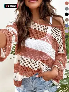 Women's Striped Print Hollow Out Sheer Drop Shoulder Sweater, Casual Long Sleeve Boat Neck Jumper for Spring & Fall, Fashion Women's Knitwear for Daily Wear