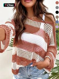 women's striped print hollow out sheer crochet sweater, casual breathable long sleeve boat neck jumper for spring & fall, knitting tops for lady, women's knitwear, women's clothing, sweaters for women, tops for women, womenswear