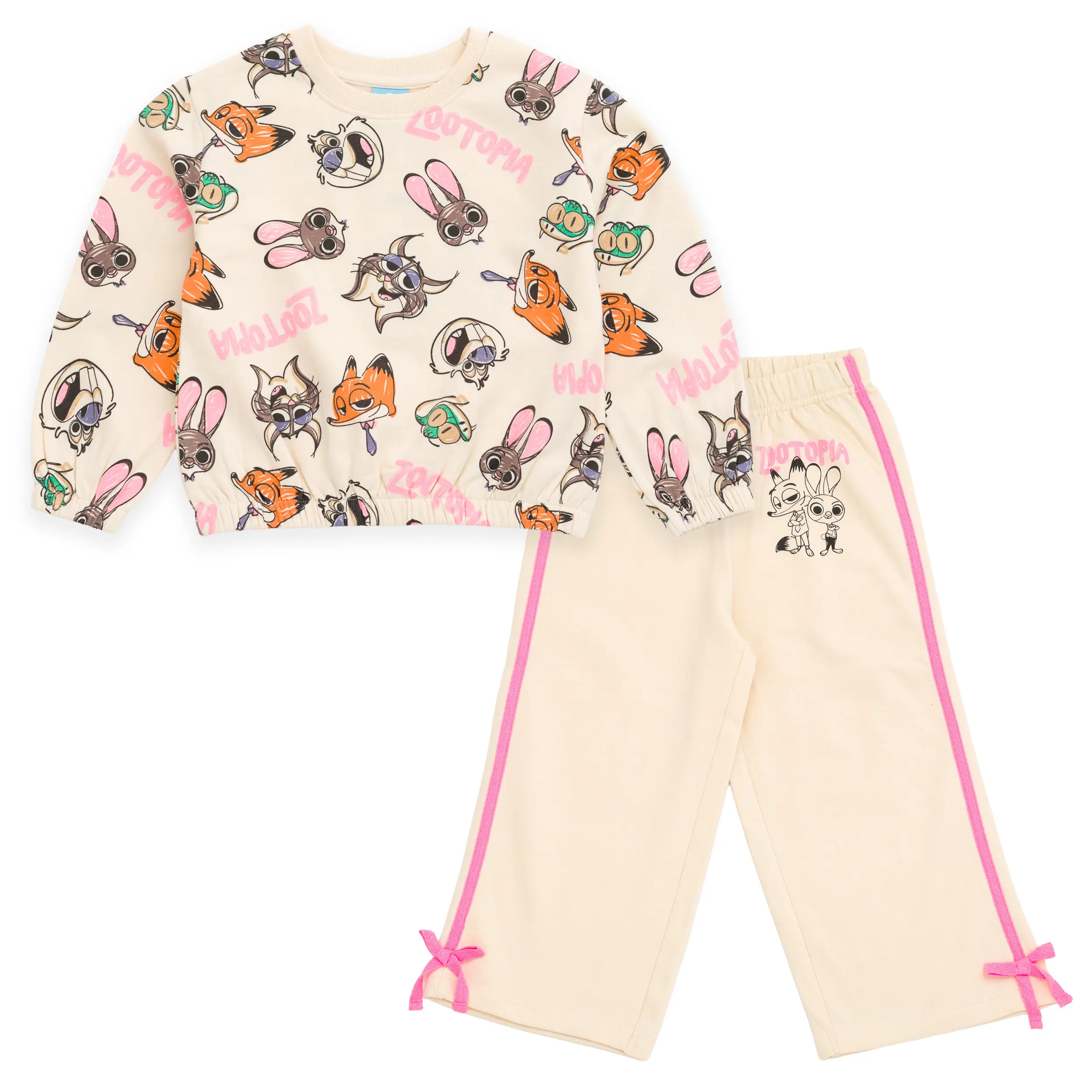 Disney Zootopia Baby Girls' 2-Piece Fleece Loungewear Set, Long Sleeve Pullover and Side Tape Pants with Character Allover Print, Drop Shoulder, 0 - 3 Months, Active Play, Decorative Bows, Elastic Waist, Heavyweight Fleece