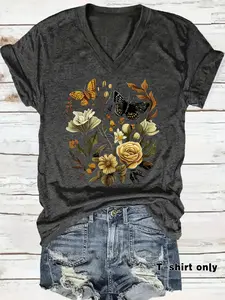 Women's Floral & Butterfly Print V Neck Tee, Casual Butterfly Print Short Sleeve T-Shirt for Summer, Ladies Clothes for Daily Wear, Top