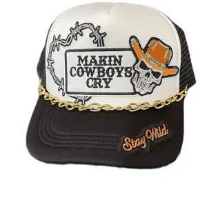 Makin' Cowboys Cry Hat with Barbed Wire Design and Skull Logo Stay Wild Patch Black and White Trucker Style