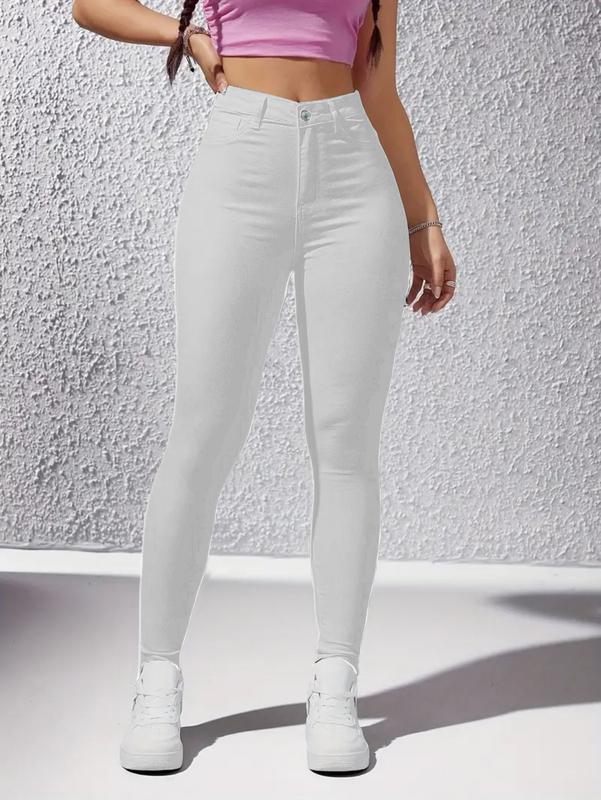 Flvsun-High Waisted Skin Tight Jeans for Women Classic Versatile Stretch Casual Skinny Jeans Fashion Slim Denim Trouser Bottom Womenswear Pants Womenswear Pants Streetwear Basic Button Minimalist White