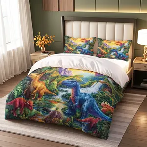 Three-Piece Colorful Dinosaur Print Decorative Bedding Set, Soft Breathable Polyester Fiber, Zipper Closure, All-Season Use, No Comforter Included