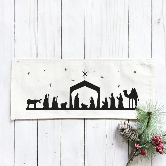 PANEL ONLY RECTANGLE Christ Birth Holiday Panel: Winter, Christmas, Mary, Joseph, 3 Wisemen, Camel, Shepards, Star, Light of the World, Peace, Joy, Hope; NATIVITY