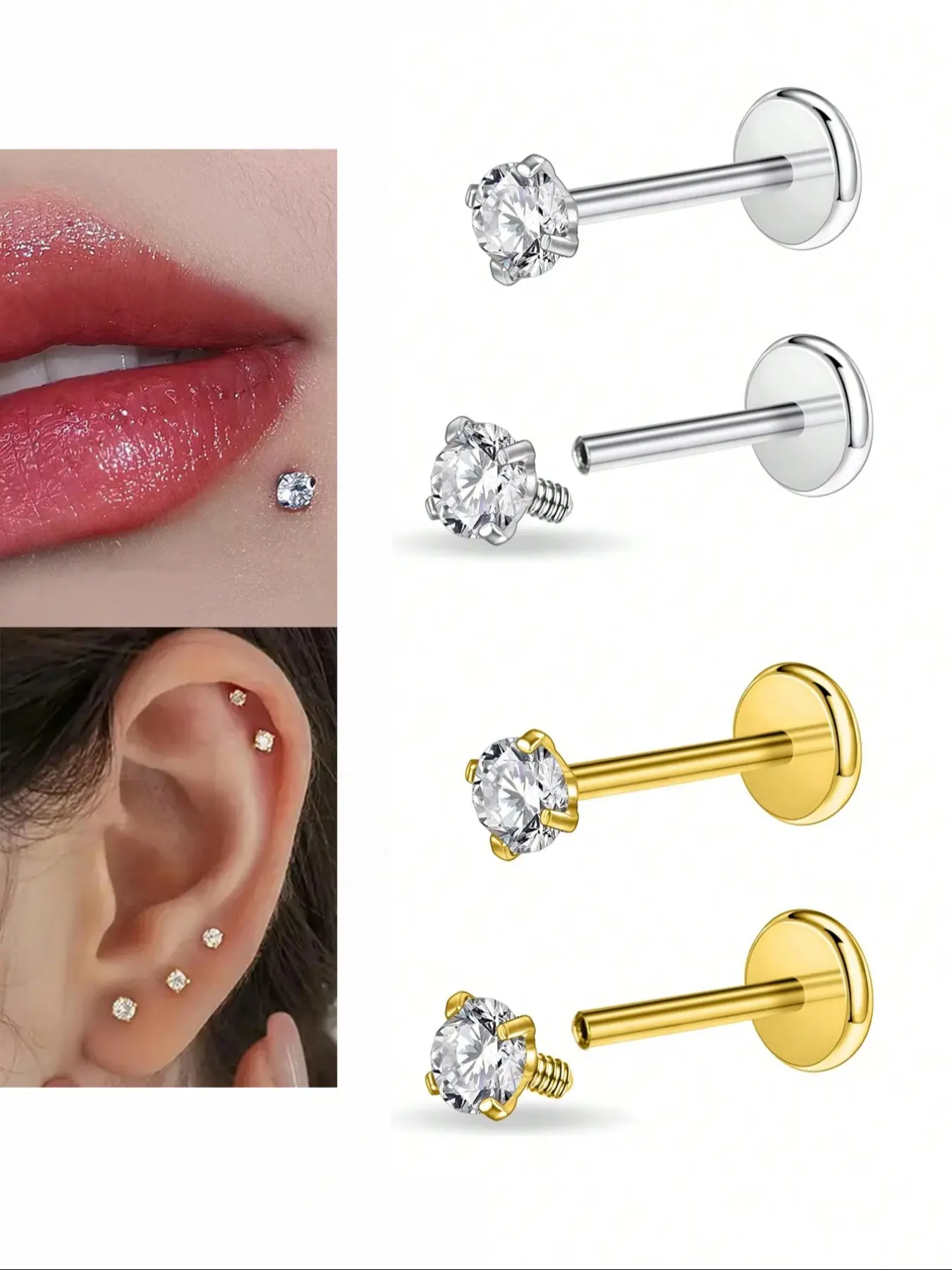 Stainless Steel Internal Thread Cz Stud Piercing Jewelry, Tragus Nose Helix Conch Medusa Lip Labret, 16g Helix Tragus Cartilage Earring, Piercings Jewelry, Body Piercing Jewelry