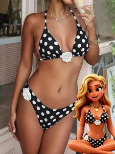 Women's  Swimsuit,elegant and Sexy Y2K bikinis，pearl crochet 3D appliqués decor Deep V Neck  Polka Dot Print Tank Top swimsuit for Vacation ,Beach Outfits,Garden Wedding Guest Dress, Elegant Sclothes For Women,Date,For Autumn And Winter  SS26 spring and s