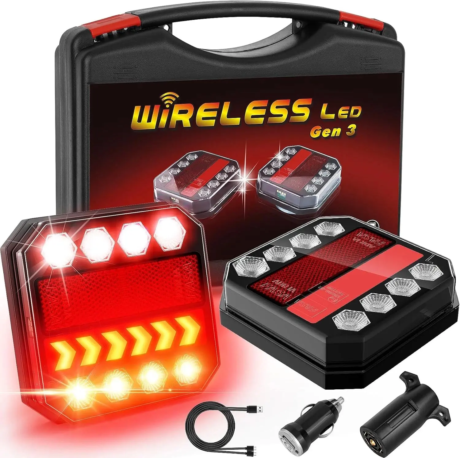 Wireless Magnetic LED Trailer Light, Ip67 Waterproof Rechargeable Wireless Trailer Tow Lights Kit, Tail Stop Turn Signal License Plate Lights for 12V RV Pickup Trucks Marine Boats