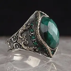 Men's Natural Green Emerald Turkish Handmade Antique Gold Ring