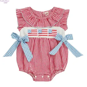 Baby Girl Outfit, Newborn USA Flag Embroidered Smocked Plaid Bubble Romper, Peter Pan Collar Bow Decor Onesie Bodysuit, Soft Lightweight Patriotic Clothes for Independence Day Celebrations, Daily Wear & Summer Holiday Occasions