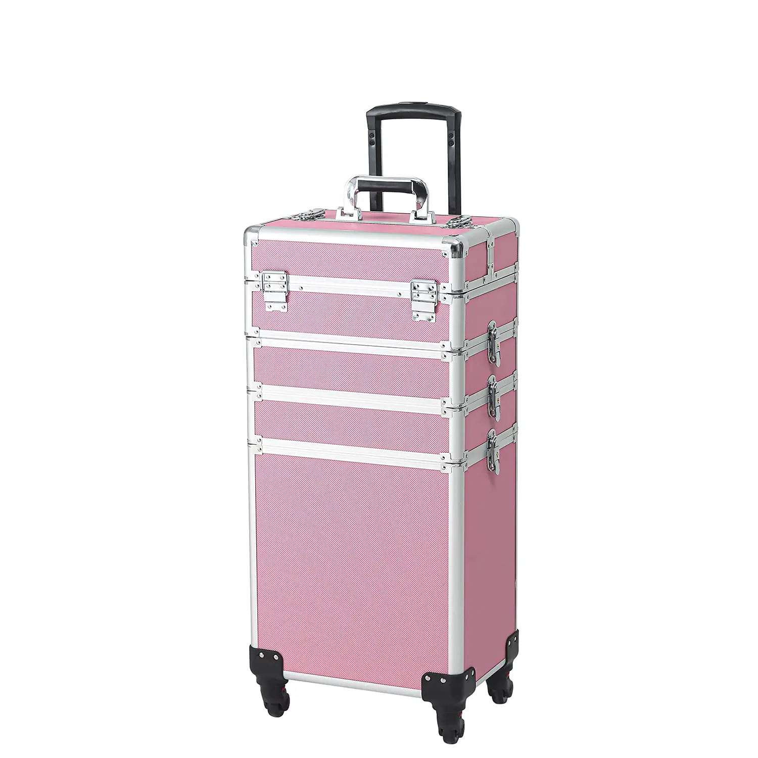 Professional Makeup Train Case 4 in 1 Rolling Cosmetic Trolley Makeup Case Organizer Makeup Travel Case, with 4 Detachable Removable Wheels, Pink