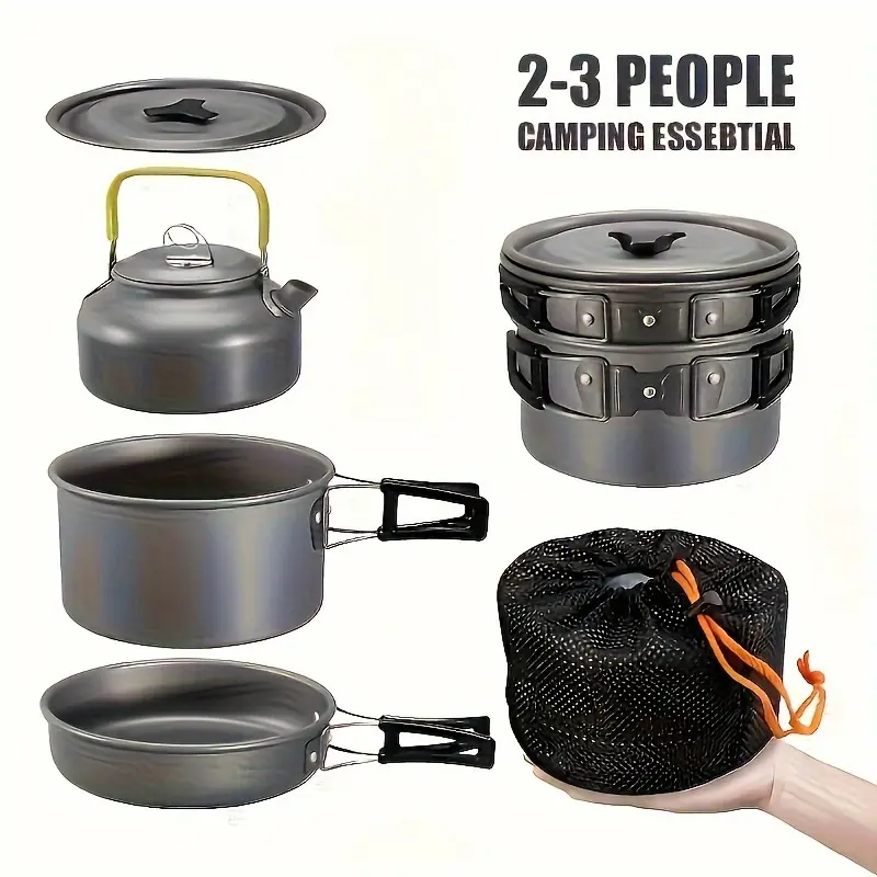 Camp Kitchen Flat Bottom Non-stick Pan, Foldable Camping Cookware Set, Portable Picnic Non-stick Pan And Lightweight Kettle Set, Mesh Storage Bag, Suitable For Outings, Hiking, Spring Outings, Family Gatherings