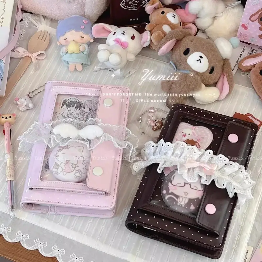 Korean Dot Grid Notebook Cute A6 Leather Planner DIY Binder Removable Refill Clear Window Pin Badge Holder Portable Travel Diary