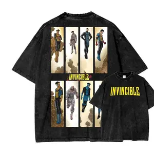 Invincible Comic Characters Grid Double Printed Oversized Acid Washed T-Shirt Black
