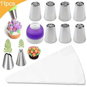 11-Piece Stainless Steel Icing Tips Set, Cake Decorating Bags Converter, Creative Baking Tools for Flowers & Leaves Decoration