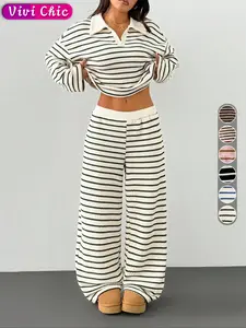 Women's Two-Piece Set, Loose Striped V-Neck Long Sleeve T-Shirt & Elastic Waist Pants, Winter Sweater Set, Casual Fall/winter