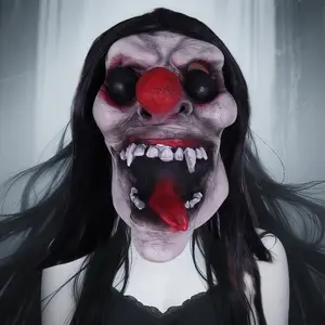 This uniquely designed color-block full latex mask, inspired by a clown, features a red nose, black eyes, a bright red tongue, and long black hair. It’s suitable for Halloween costumes, ghost/clown role-playing, and carnival outfits.
