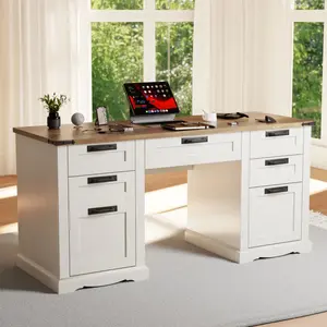 REDLEMON Victorian Office Desk with Drawers Executive Desk with File Cabinet Storage Cable Management Keyboard Tray in Select Antique Wood Finish Computer Desks for Home Office Study Room