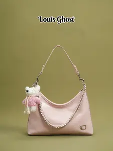 Hobo Bag, Knitted Teddy Bear Charm Shoulder Bag, Retro Chain Handbag, Convertible Strap Satchel, Soft Faux Leather Sling Purse, Daily Bag for Campus & Date Nights, Crossbody With Chain, Crossbody Bags
