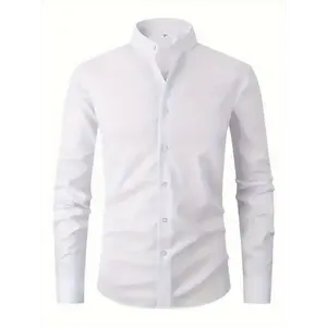 Men's Solid Mandarin Collar Design Dress Shirts, Long Sleeve Casual Button Up Shirt For Formal Occasions