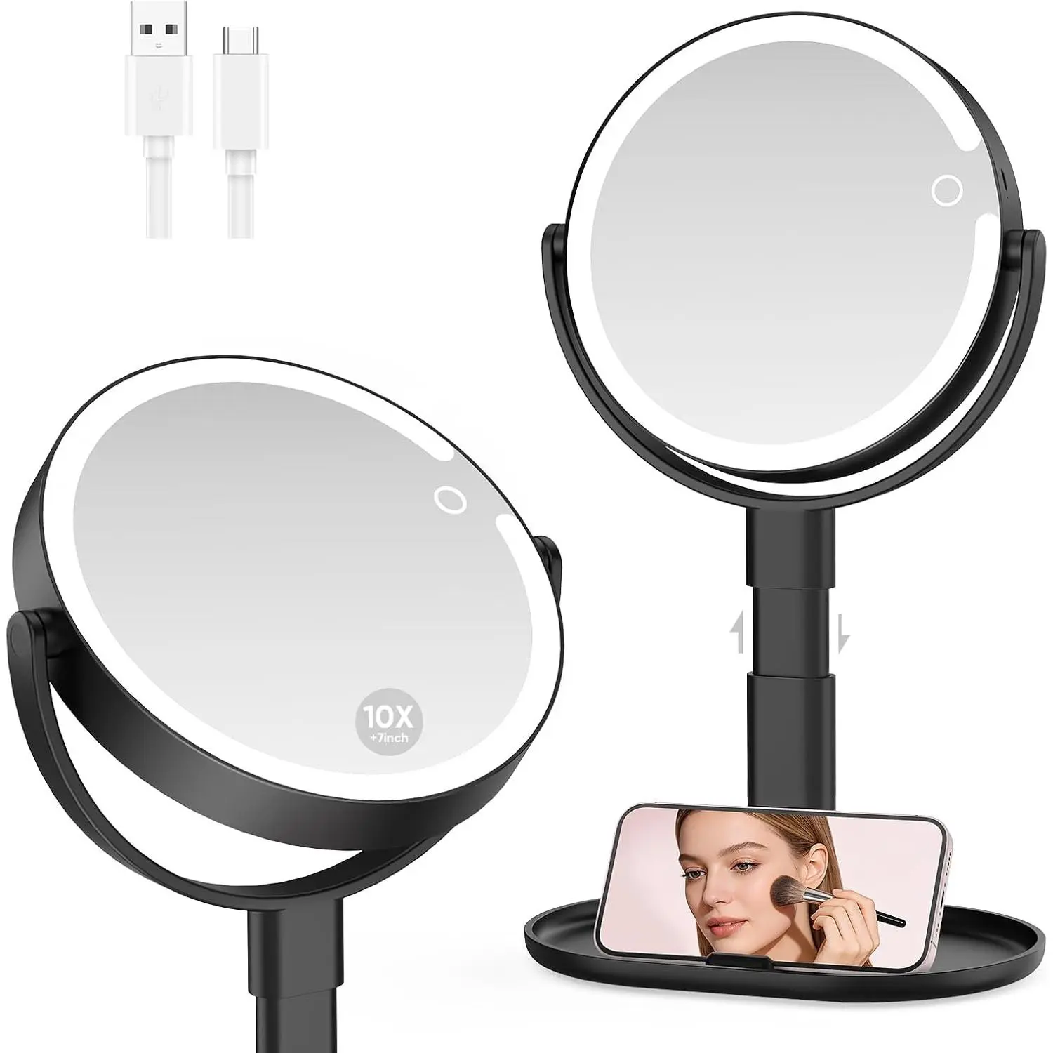 Lighted Makeup Mirror with 10X Magnification, Rechargeable LED Magnifying  Mirror with 3 Lights, Adjustable Height, Storage Base and Phone Holder, Black, 7 inch