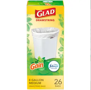 Trash Bags, Medium Drawstring Garbage Bags, 8 Gal, Gain Original Scent with Febreze, 26 Ct, Pack May Vary
