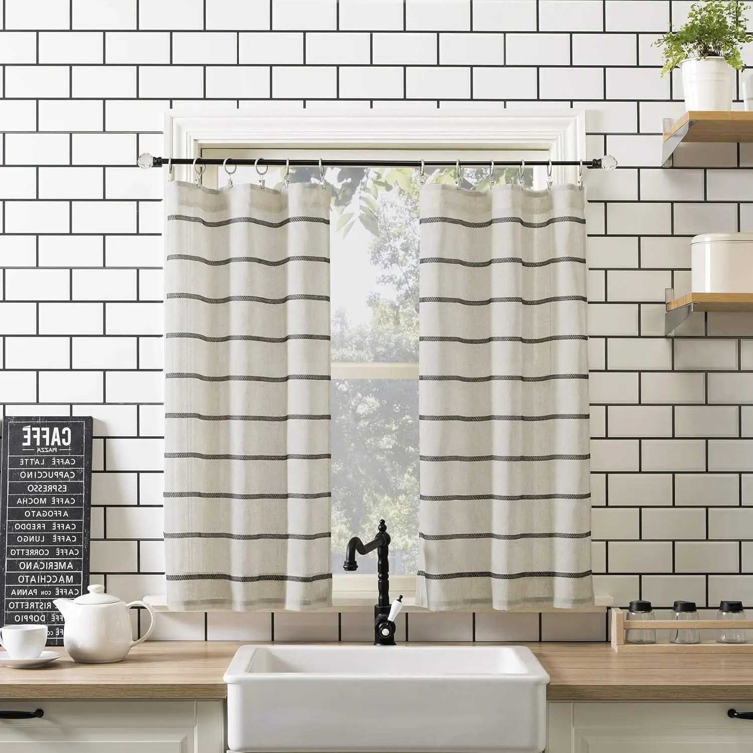 Bathroom Sheer Striped Cafe Curtain - Twill Weave Fabric, Dustproof, Allergy & Pet Friendly, 52" x 36", Black/Linen Sheer Curtain, Stripes