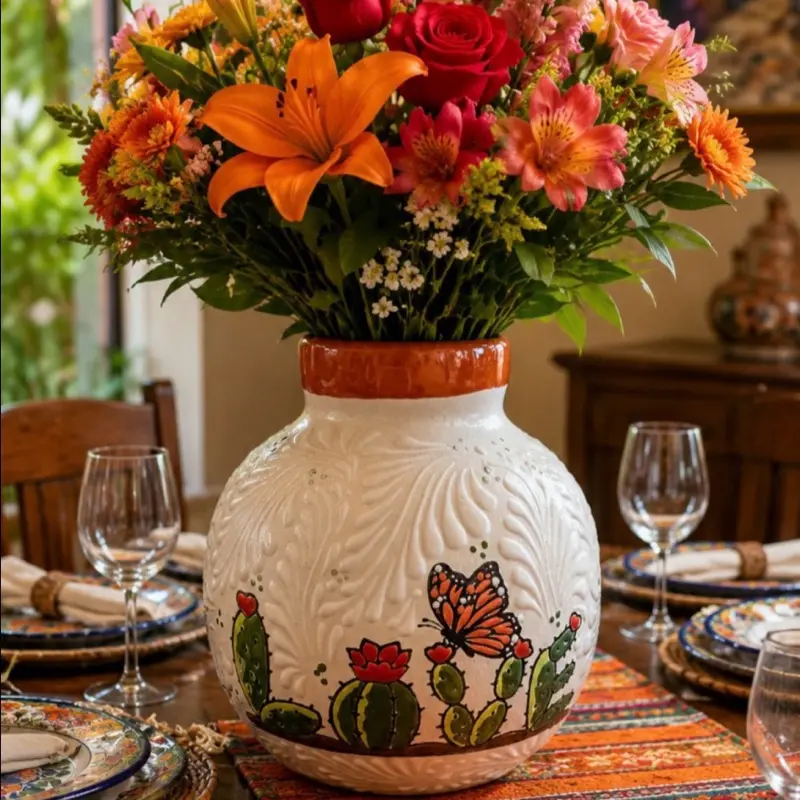 Handcrafted Talavera Cactus & Monarch Butterfly Flower Vase