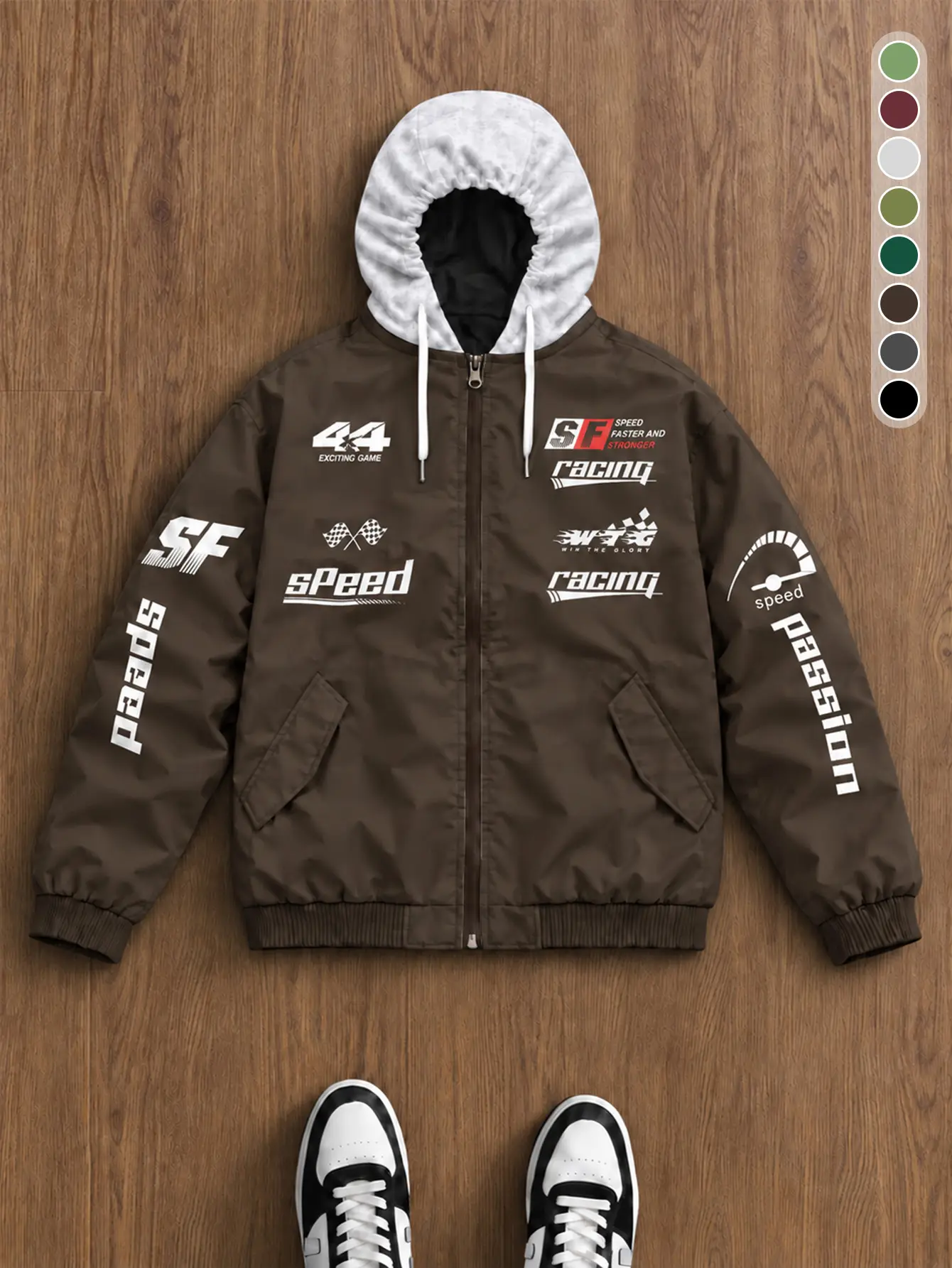 Men Detachable Hood Racing Graphic Jacket Multi Speed Slogan Print Full Zip Rib Hem Lightweight Streetwear Coat