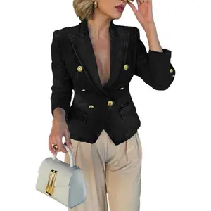 Women's Notched Lapel Double Breasted Denim Blazer Trendy Casual Slim Fit Long Sleeve Jean Jacket