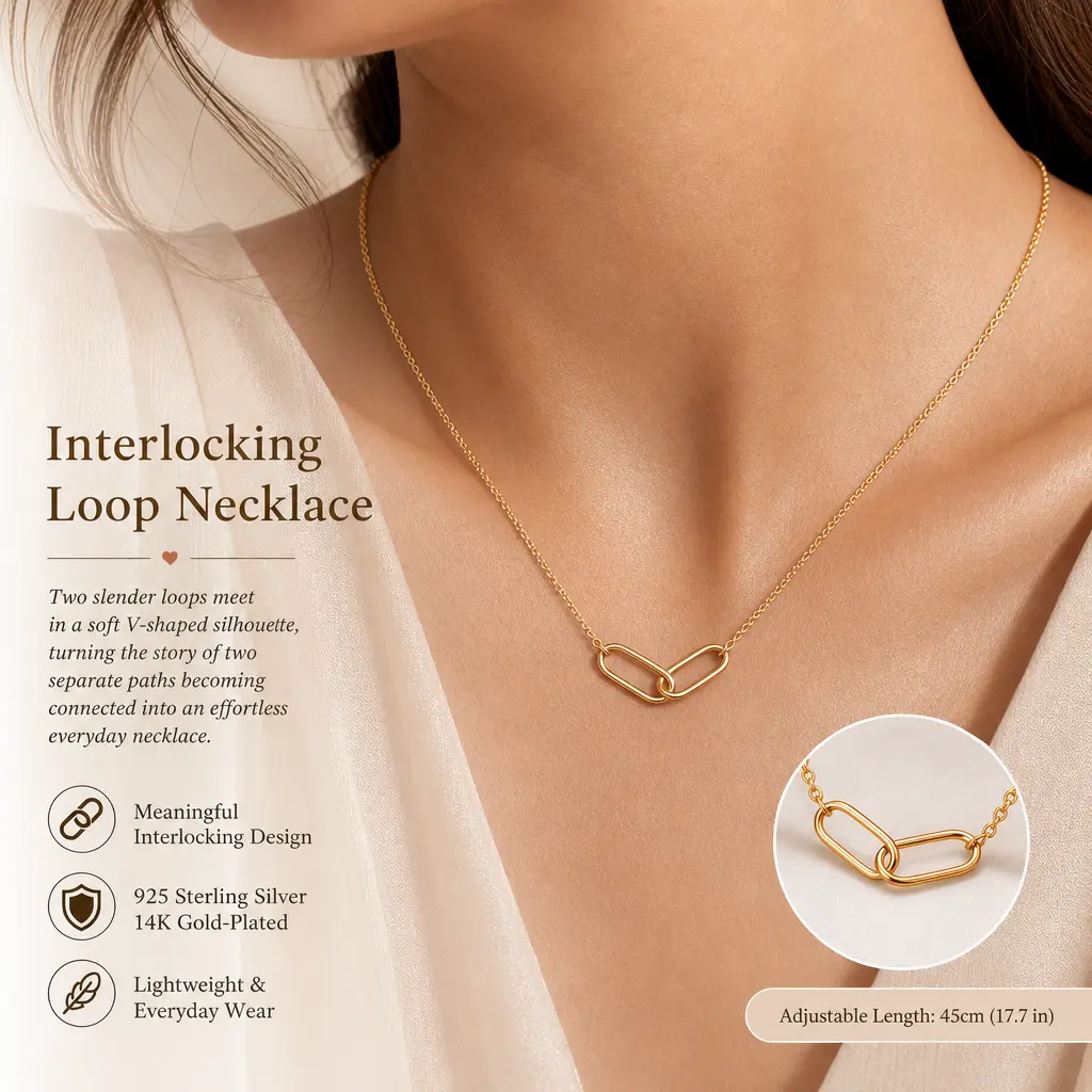 14K Gold-Plated 925 Sterling Silver Interlocking Double Loop Pendant Necklace, Minimalist V-Shaped Linked Necklace for Women, Everyday and Meaningful Gift Jewelry