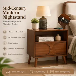 Super Nightstand with Charging Station Mid Century Bedside Table Walnut Fluted End Table with USB Ports Outlet Hole Drawer Open Shelf Solid Wood Legs Farmhouse Bedroom Living Room Dresser Storage Accent Furniture