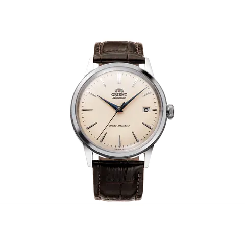 Orient Bambino V7 Classic Analog Automatic Date Men's Wristwatch - 38mm Round Champagne Business Dial, Stainless Steel Case, Brown Leather Buckle Strap, Mineral Crystal, 30M-50M Water Resistance, RA-AC0M04Y30B, Elegant Mens Gifts, Gift for Boyfriend