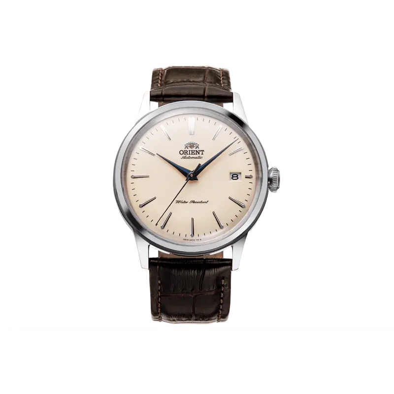 Orient Bambino V7 Classic Analog Automatic Date Men's Wristwatch - 38mm Round Champagne Business Dial, Stainless Steel Case, Brown Leather Buckle Strap, Mineral Crystal, 30M-50M Water Resistance, RA-AC0M04Y30B, Elegant Mens Gifts, Gift for Boyfriend