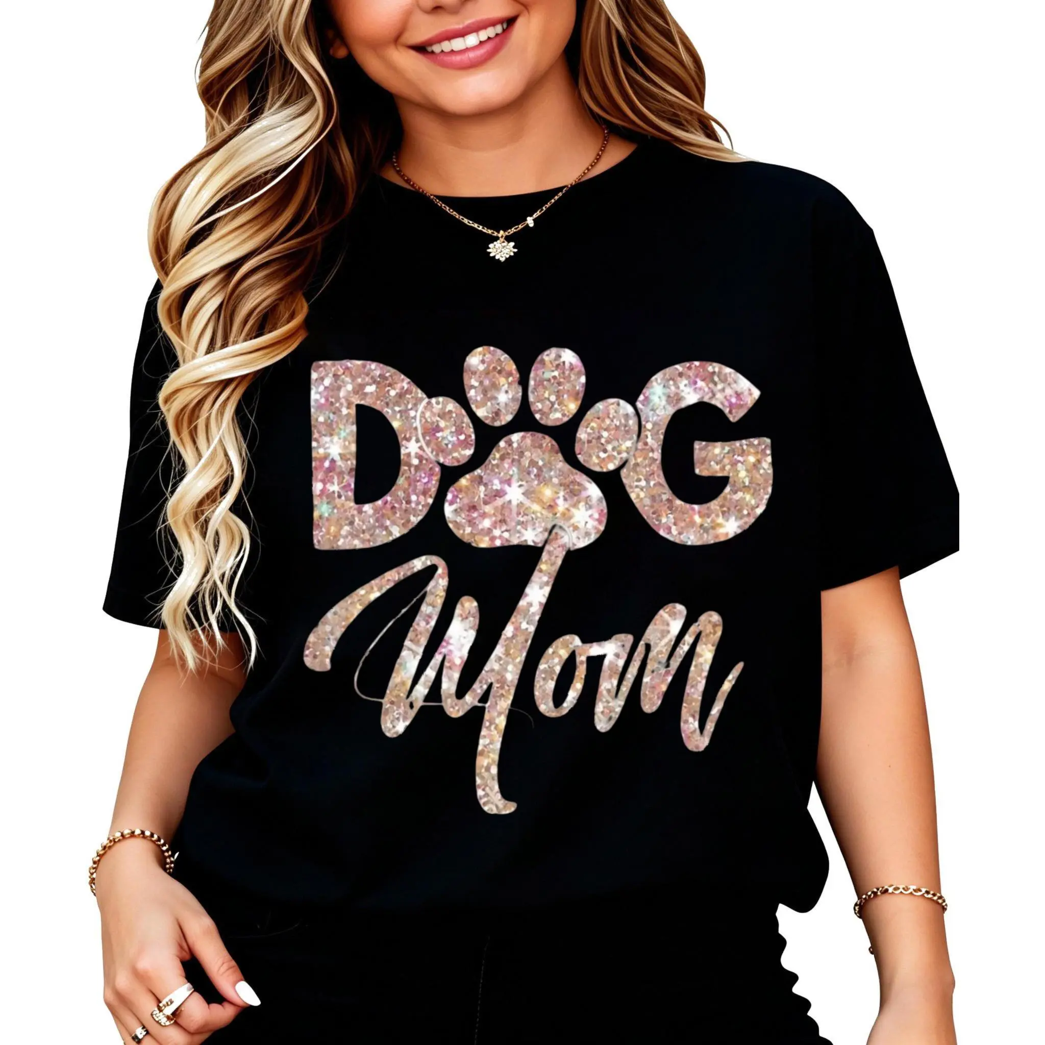 100% Cotton Dog Mom Glitter Paw Print Design T-Shirt Women Men Unisex Clothing Streetwear