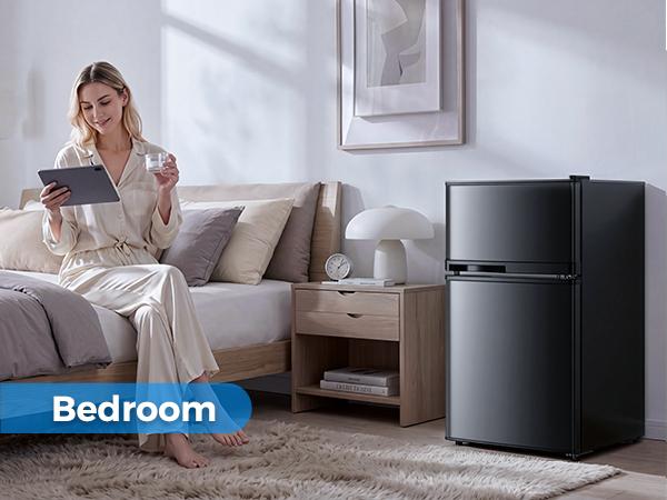 TEHANLD 3.55 Cu.Ft Mini Fridge with Freezer, 2-Door Small Refrigerator with Adjustable Thermostat, Quiet Mini Refrigerator for Bedroom, Dorm & Office (Black)