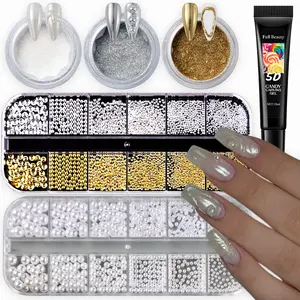 Gold Chrome Nail Powder Kit with Nail Charms and Gems, Pearl Nail Chrome Powder for Cutics Nails, Silver Crome Powder for Gel Nails, Nail Supplies Nail Decor Manicure