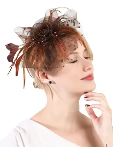 Fascinator Hat TF-1901 with Veil & Feathers, 1920s Style Tea Party Wedding Kentucky Derby Headband, One Size Fits All Clip & Headband Design