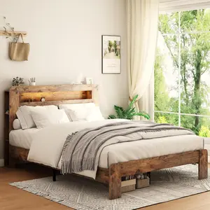 Dark Brown King Size Wood Platform Bed Frame with Storage Headboard, 2 USB Ports, Bookcase Shelf, LED Lights, Rustic Look, Sturdy Wood Slat Framework, Noise-Free, No Box Spring Needed
