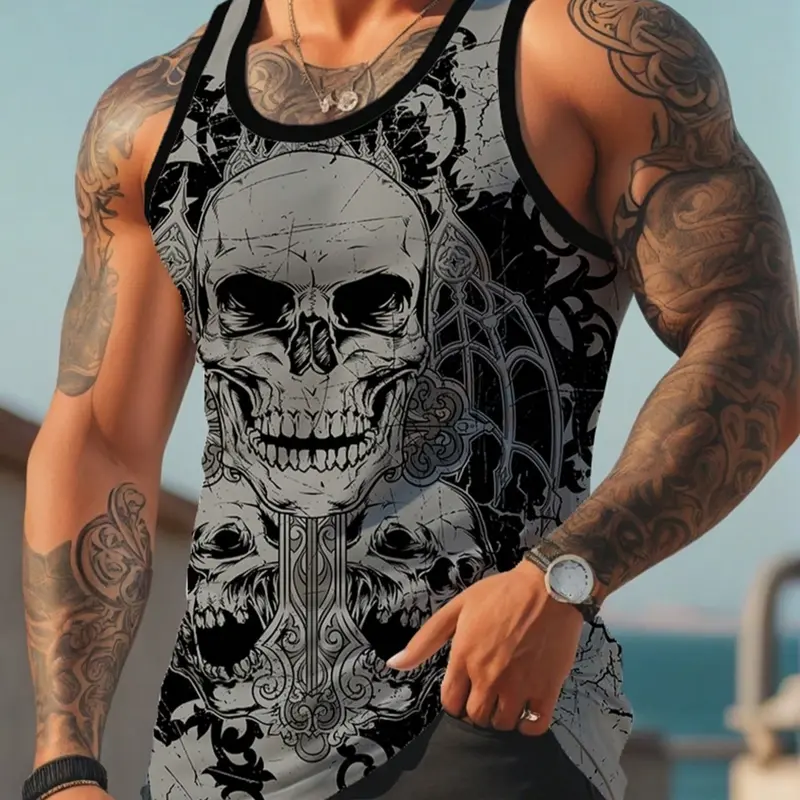 Men's Summer Casual Knit Fitted Skull Printed Round Neck Tank Top Vest