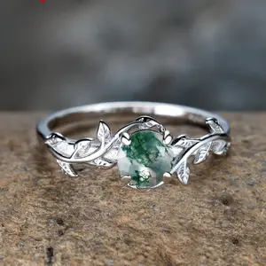 [2.8g Containing silver Ring] Natural Green Moss Agate 925 Containing silver Unique Ring | Engagement Promise Rings For Women Wedding Jewelry Gift (2.8g)