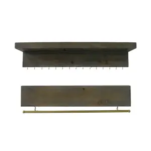 HomeRoots 634520 6 x 32 x 6 in. Brown Wood Wall Mounted Accent Shelves with Hooks - Set of 2