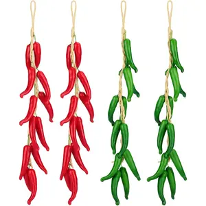 4 Pcs Lifelike Red & Green Chili Pepper String Garland Vine Artificial Fake Vegetable Wall Hanging Decorations for Mexican Home Kitchen Decor