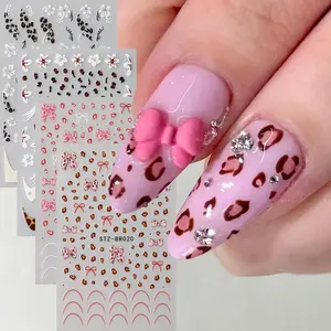 Black Brown Leopard Print Nail Stickers Bowknot French Wave Line Self-Adhesive Sliders for Nails Kawaii Cartoon Nail Design Deco